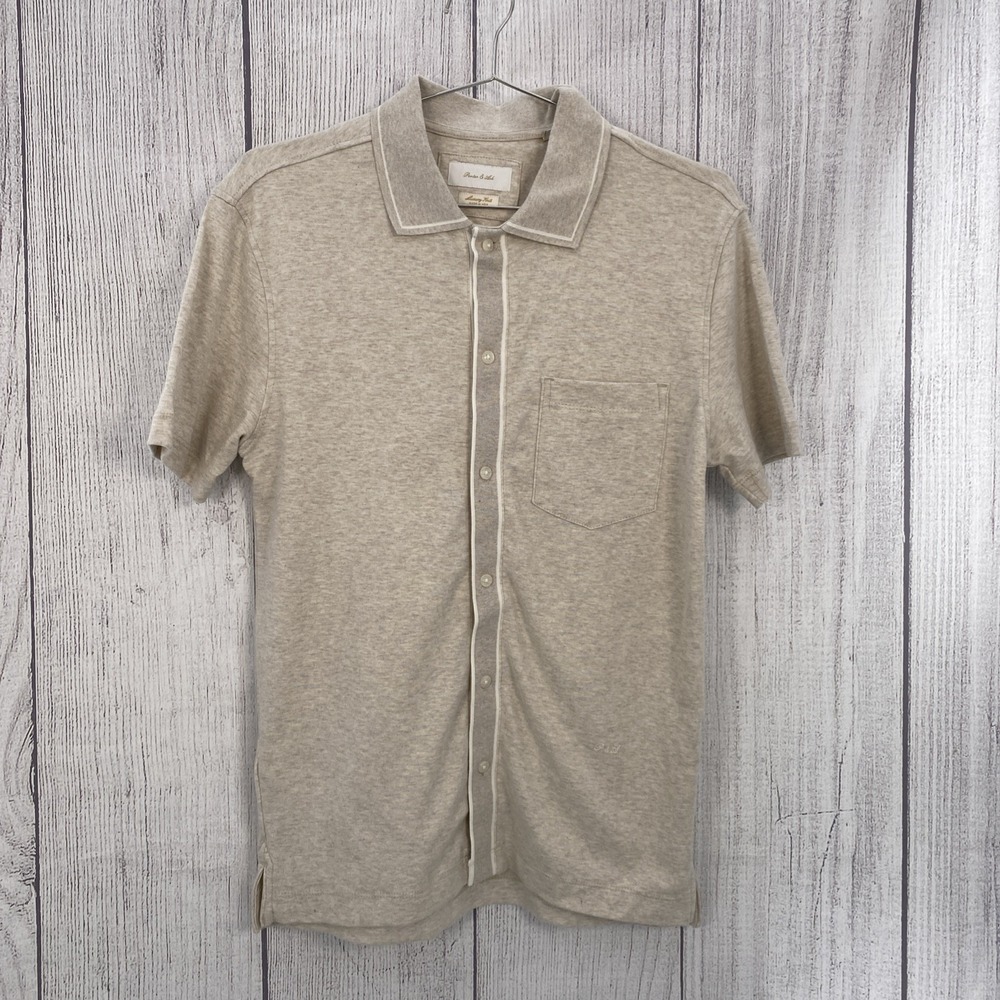 Porter & Ash Shirt Men SMALL Heathered Beige Casual Button Down 100% Cotton Knit
